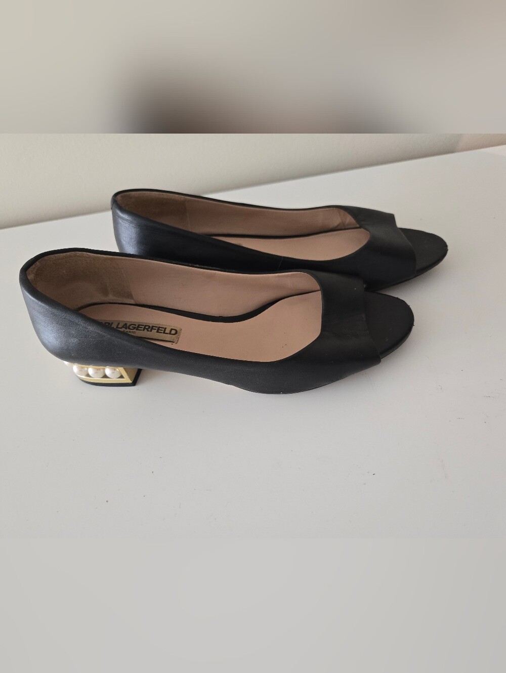 Karl Lagerfeld Black Peep-Toe Low Heel Pumps with Pearl Accent Size 7.5